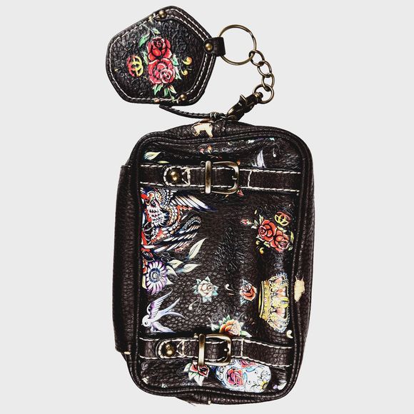 Vtg Red by Marc Ecko Sz 7"x5"x2" Handbag Clutch Buckles Brown Roses Crown Birds - Picture 1 of 16